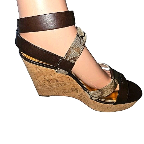NIB Coach Charla Brown Wedge Heel Strappy Sandal 10M